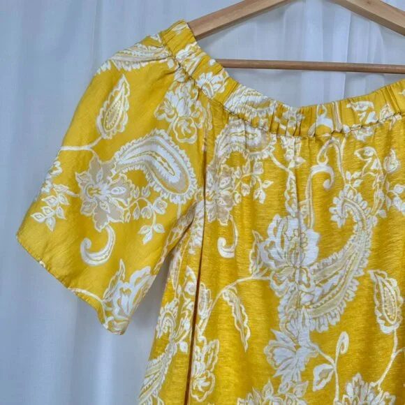 Chicos Off Shoulder Floral Paisley Linen Top Size Small Yellow Tropical Resort - Picture 2 of 6